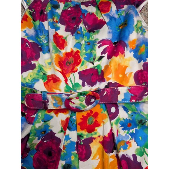 Dressbarn Womens Dress Size 10P White Floral Tank Sleeveless Belted Summer Trad - Picture 2 of 15